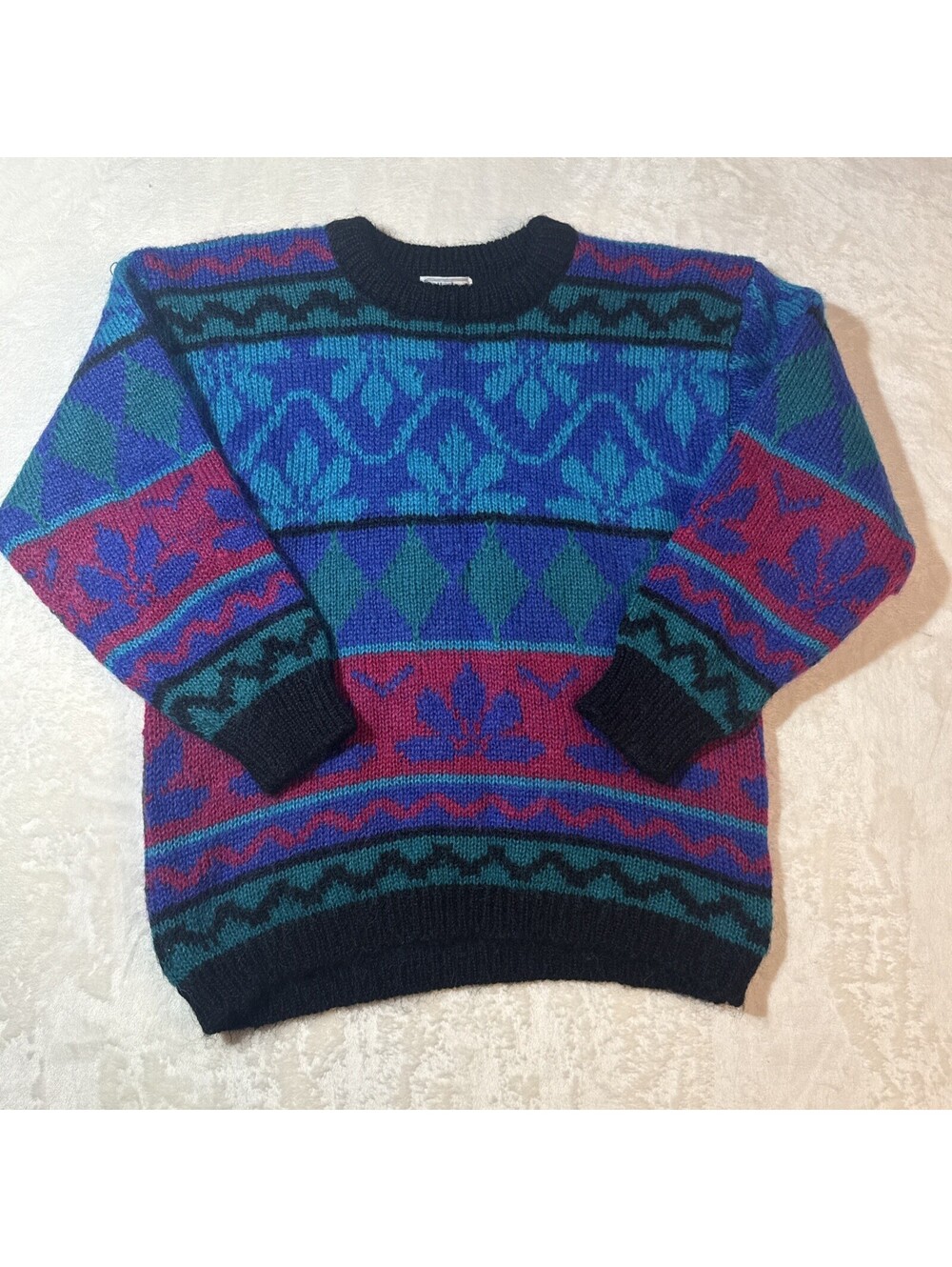 Gallagher Womens Sweater Large Blue Multi Fair Isle Mohair Vintage 90s Y2K